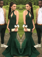 Elegant Halter Floor-Length Ruffled Mermaid Satin Prom Dress Gown