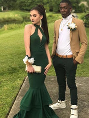 Elegant Halter Floor-Length Ruffled Mermaid Satin Prom Dress Gown