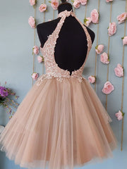 Elegant Halter Neck Champagne Lace Short Prom Dress with Open Back Design