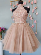 Elegant Halter Neck Champagne Lace Short Prom Dress with Open Back Design