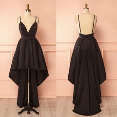 Elegant High-Low V-Neck Black Prom Dress with Spaghetti Straps