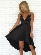 Elegant High-Low V-Neck Black Prom Dress with Spaghetti Straps