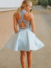 Two-Piece Light Blue Short Prom Dress with Pockets, Layered Design for Homecoming