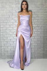 Elegant Lavender Strapless Sleeveless Mermaid Prom Dress with High Slit