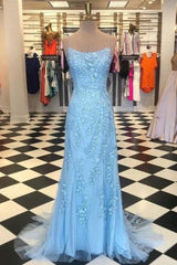 Light Blue Mermaid Prom Dress With Lace And Spaghetti Straps