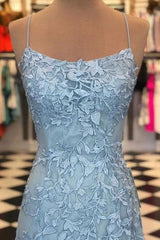 Light Blue Mermaid Prom Dress With Lace And Spaghetti Straps