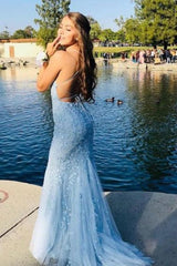 Light Blue Mermaid Prom Dress With Lace And Spaghetti Straps