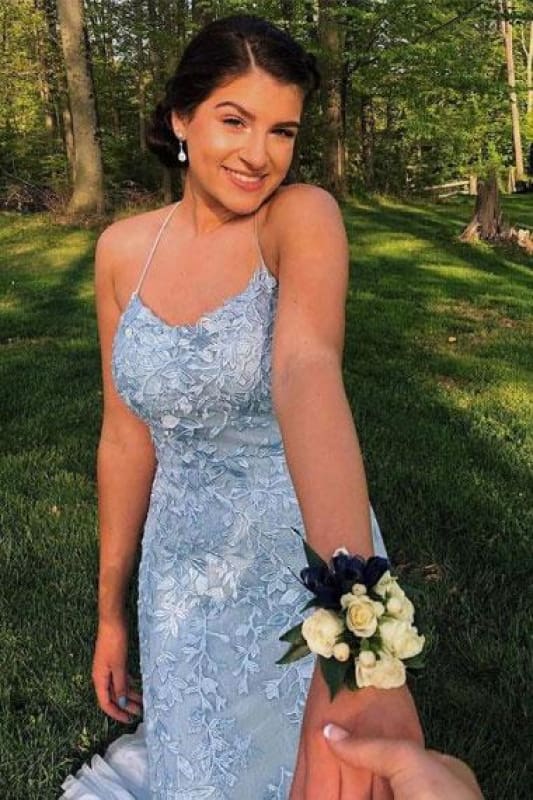 Light Blue Mermaid Prom Dress With Lace And Spaghetti Straps