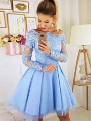 Light Blue Lace Long Sleeve Short Homecoming Graduation Evening Dress