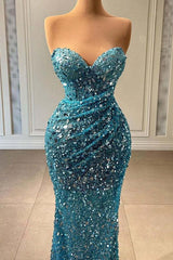 Light Blue Sweetheart Strapless Sequin Mermaid Prom Gown with Train