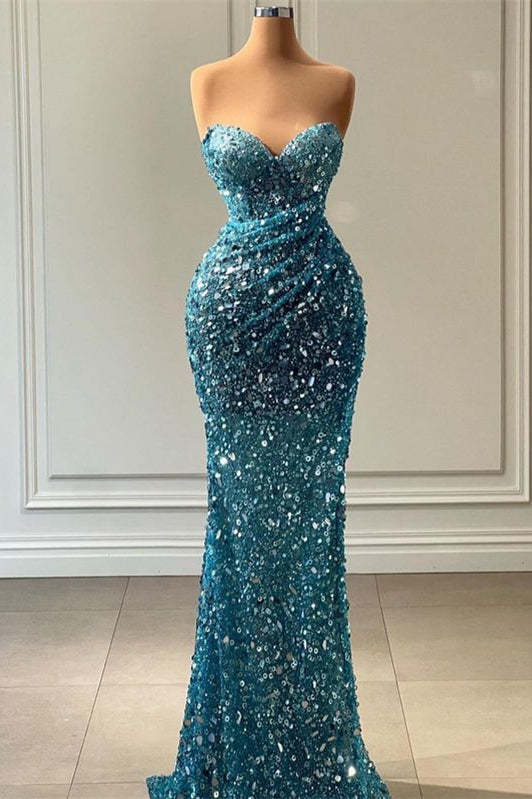 Light Blue Sweetheart Strapless Sequin Mermaid Prom Gown with Train