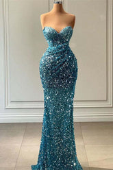 Light Blue Sweetheart Strapless Sequin Mermaid Prom Gown with Train