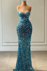 Light Blue Sweetheart Strapless Sequin Mermaid Prom Gown with Train