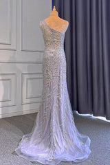 Elegant Light Purple One-Shoulder Beaded Mermaid Prom Dress with Ruffles