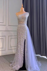 Elegant Light Purple One-Shoulder Beaded Mermaid Prom Dress with Ruffles