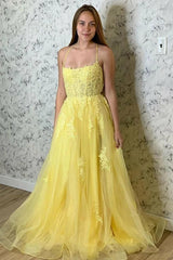 Elegant Yellow Lace Appliqued Evening Dress, Formal Gown for Special Occasions