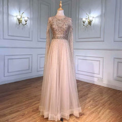 Elegant Long Sleeve Tulle Sequin Prom Dress with Fluttering A-Line Style