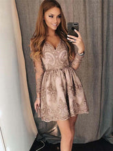 Champagne Lace Applique Short Prom Dress, Long Sleeves Homecoming Graduation