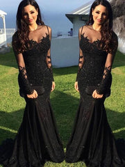 Elegant Mermaid Long Sleeves Sheer Neck Prom Dress with Applique Spandex
