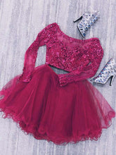 Burgundy Lace Two-Piece Homecoming Dress: Long Sleeve Beaded Short Prom