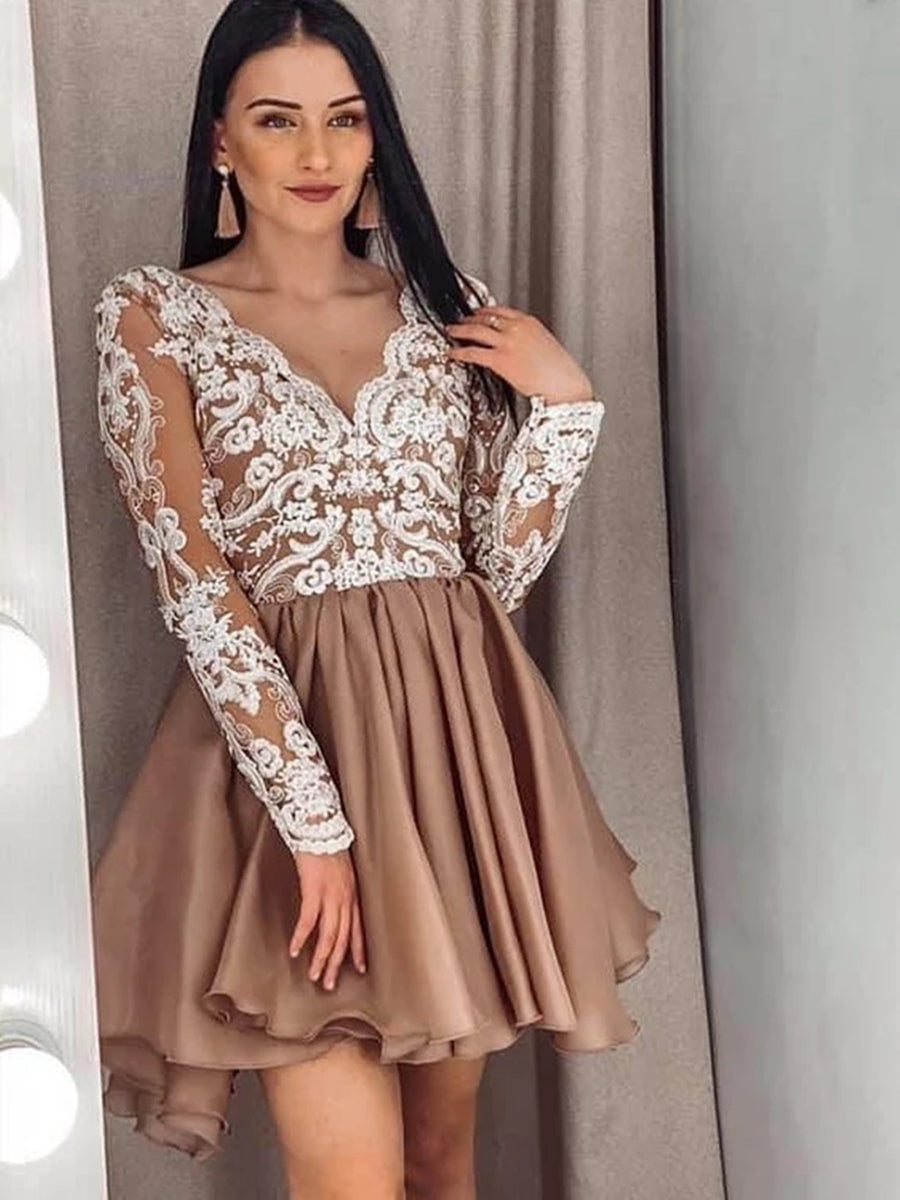 Elegant V-Neck Champagne Lace Prom Dress with Long Sleeves for Homecoming Graduation