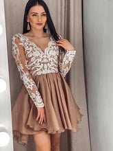 Elegant V-Neck Champagne Lace Prom Dress with Long Sleeves for Homecoming Graduation