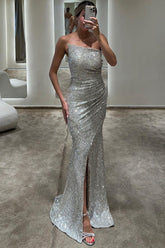 Luxurious Silver Strapless Prom Dress, Slimming Sweep Mermaid, Elegant Evening Gown