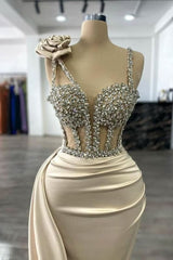 Sparkling Glitter Rhinestone Mermaid Prom Dress Sleeveless Gown with Sweep Train