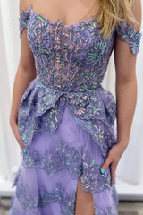 Lavender Off-the-Shoulder Lace Tiered Ruffle See Through Prom Gown with Slit