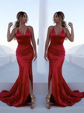 Elegant Mermaid Sleeveless Halter Satin Prom Dress with Ruffles and Sweep Train