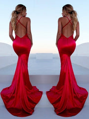 Elegant Mermaid Sleeveless Halter Satin Prom Dress with Ruffles and Sweep Train