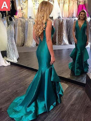 Elegant Satin Mermaid Prom Dress with V-Neck and Flowing Layered Skirt