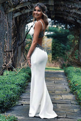 Elegant Mermaid Spaghetti Strap White Satin Wedding Dress with Beads