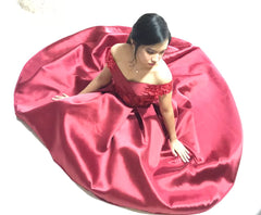 Off Shoulder Burgundy Prom Dress with Lace Appliques High-Low Satin Skirt