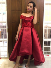 Off Shoulder Burgundy Prom Dress with Lace Appliques High-Low Satin Skirt