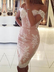 Off Shoulder Mermaid Pink Lace Short Prom Dresses Formal Evening Wear