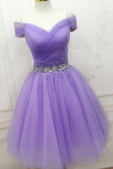 Off-Shoulder Short Beaded Purple Prom Dress: Elegant Tulle A-Line Formal Graduation Gown