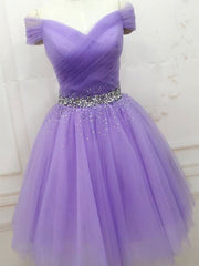 Off-Shoulder Short Beaded Purple Prom Dress: Elegant Tulle A-Line Formal Graduation Gown
