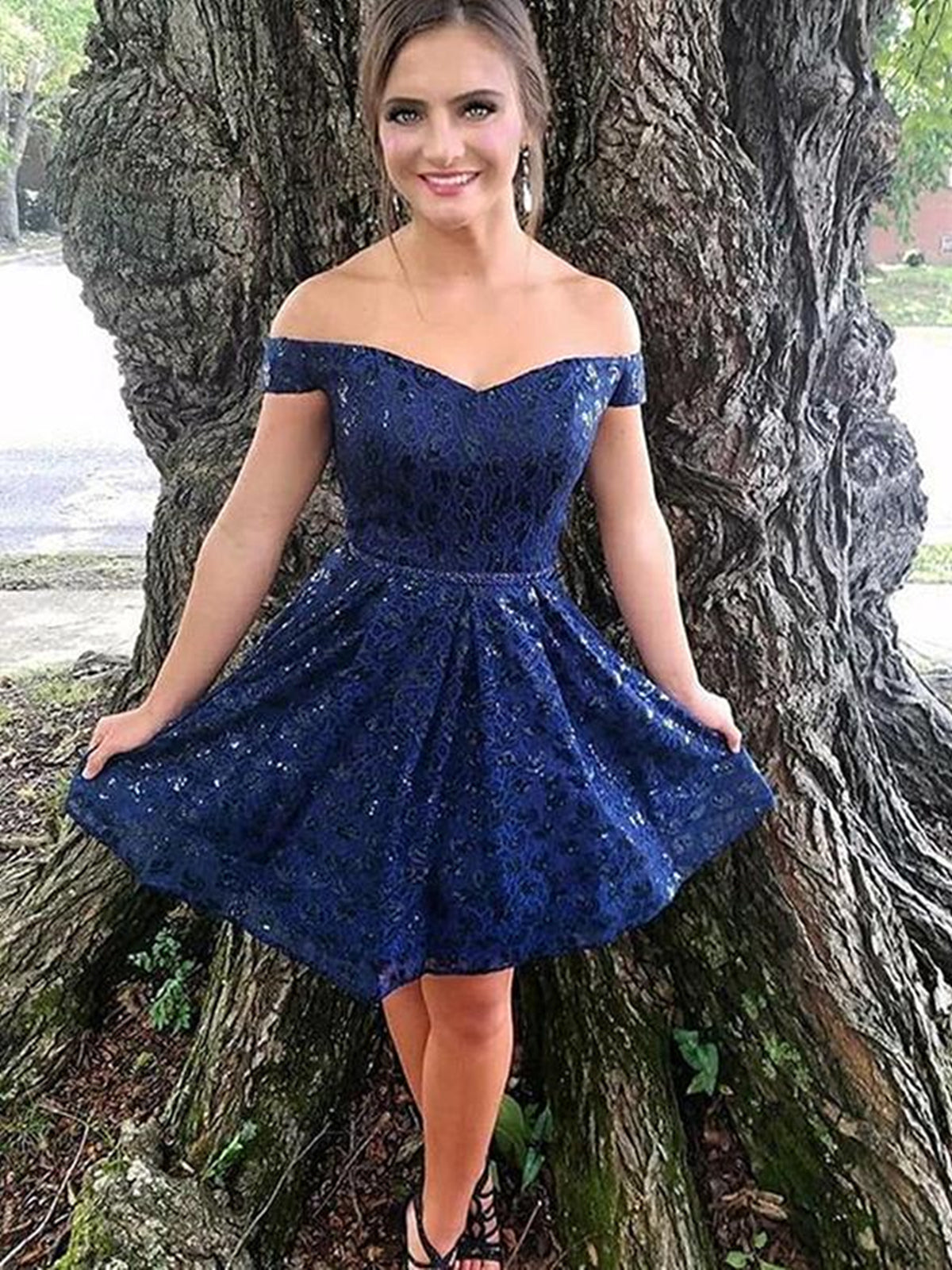 Off Shoulder Navy Blue Lace Prom Homecoming Dress Short Formal Gown