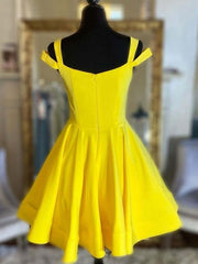 Stunning Off-Shoulder Yellow Satin Short Prom Dress, Elegant Homecoming Evening Gown