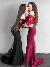 Elegant Off-Shoulder Mermaid Satin Prom Dress with Applique Long Sleeves