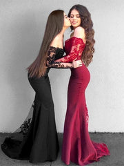Elegant Off-Shoulder Mermaid Satin Prom Dress with Applique Long Sleeves