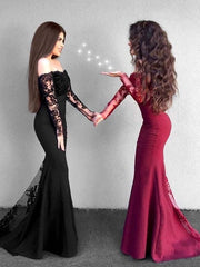 Elegant Off-Shoulder Mermaid Satin Prom Dress with Applique Long Sleeves