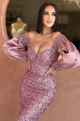 Elegant Off-Shoulder Mermaid Sweetheart Sequin Evening Dress with Long Sleeves