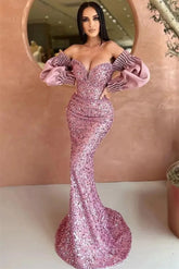 Elegant Off-Shoulder Mermaid Sweetheart Sequin Evening Dress with Long Sleeves