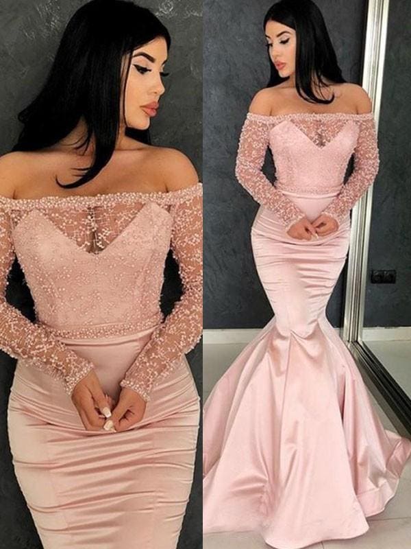 Elegant Off-Shoulder Satin Mermaid Prom Dress with Ruffles and Long Sleeves