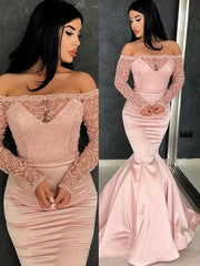 Elegant Off-Shoulder Satin Mermaid Prom Dress with Ruffles and Long Sleeves