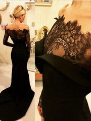 Elegant Off-Shoulder Lace Satin Mermaid Prom Dress with Sweep Train