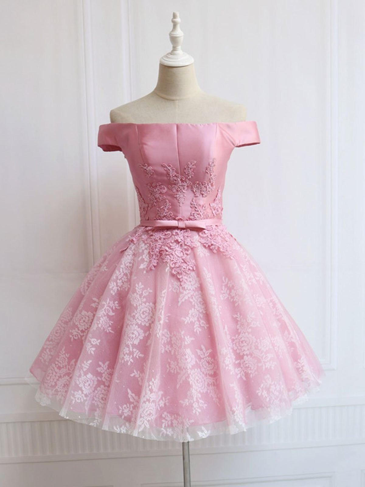 Elegant Off-Shoulder Pink Lace Prom Dress, Short Homecoming Formal Evening Gown
