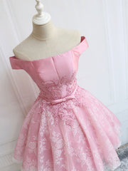 Elegant Off-Shoulder Pink Lace Prom Dress, Short Homecoming Formal Evening Gown